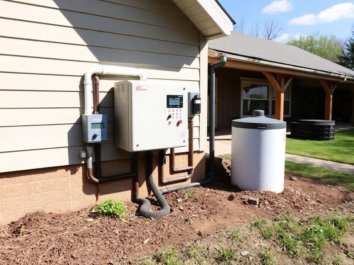 Septic aeration unit and control panel installed alongside a residential home in Ohio