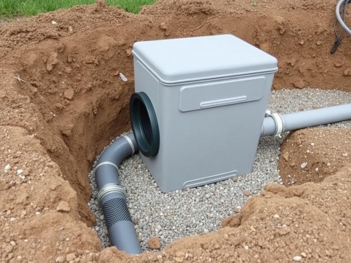 Distribution box and perforated leach field pipe set in a gravel trench during a septic system installation
