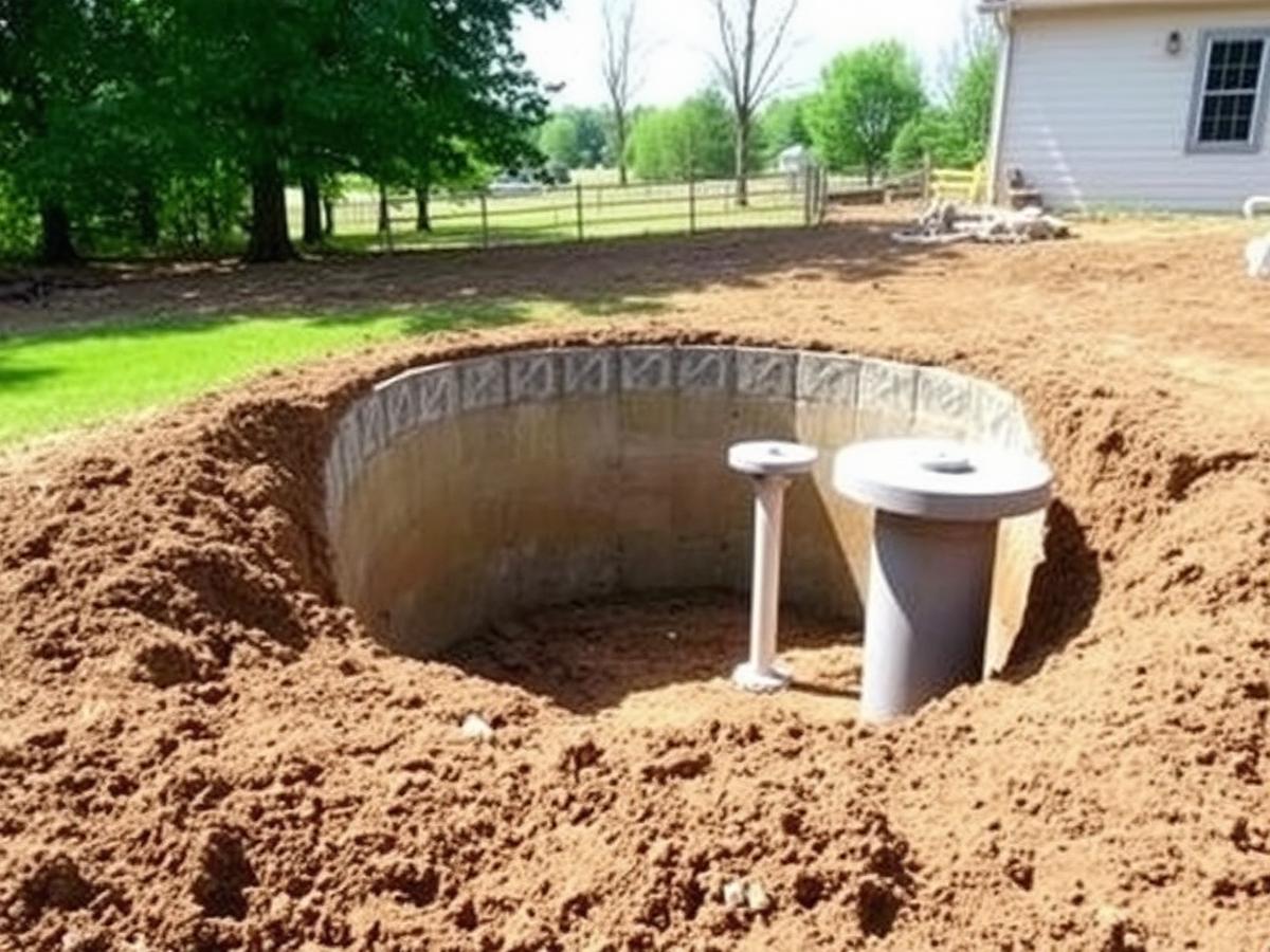 Excavated hole with septic tank risers and lids at grade behind a rural Ohio home